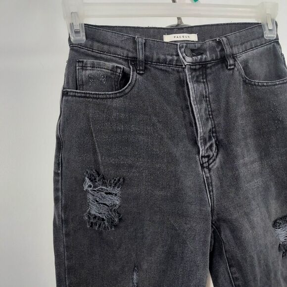 PacSun Distressed Crop Jeans Button Fly Womens Size 26 Black Ripped Fringe - Picture 4 of 16